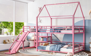 English Elm Full Size Metal Bunk Bed with House Frame Slide and Storage Stair Steps for Kids W1580S00653