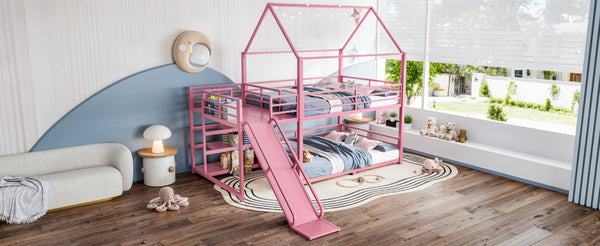 English Elm Full Size Metal Bunk Bed with House Frame Slide and Storage Stair Steps for Kids W1580S00653