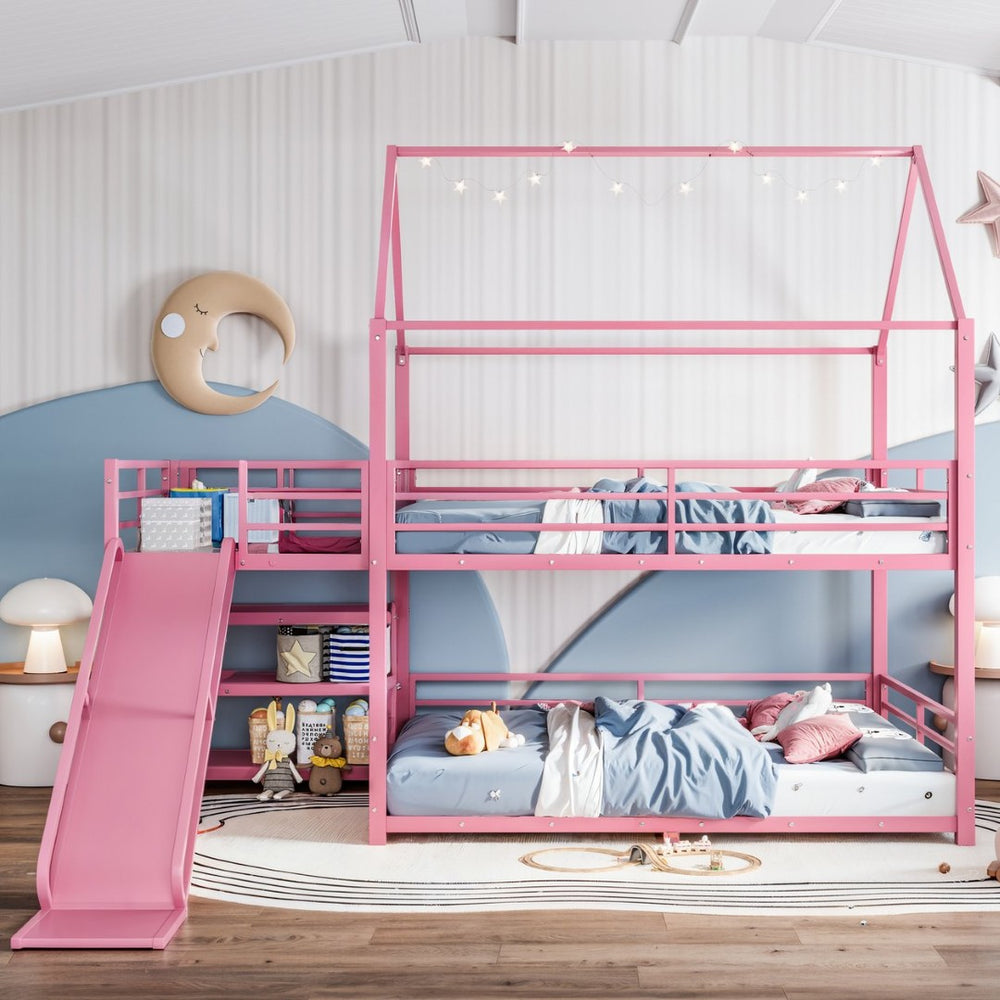 English Elm Full Size Metal Bunk Bed with House Frame Slide and Storage Stair Steps for Kids W1580S00653