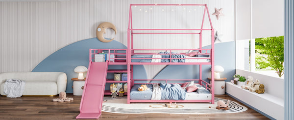 English Elm Full Size Metal Bunk Bed with House Frame Slide and Storage Stair Steps for Kids W1580S00653