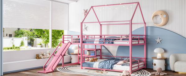 English Elm Full Size Metal Bunk Bed with House Frame Slide and Storage Stair Steps for Kids W1580S00653