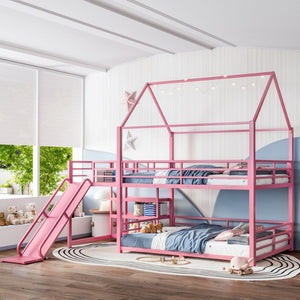 English Elm Full Size Metal Bunk Bed with House Frame Slide and Storage Stair Steps for Kids W1580S00653