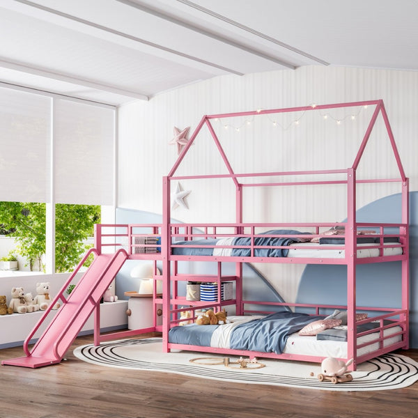 English Elm Full Size Metal Bunk Bed with House Frame Slide and Storage Stair Steps for Kids W1580S00653