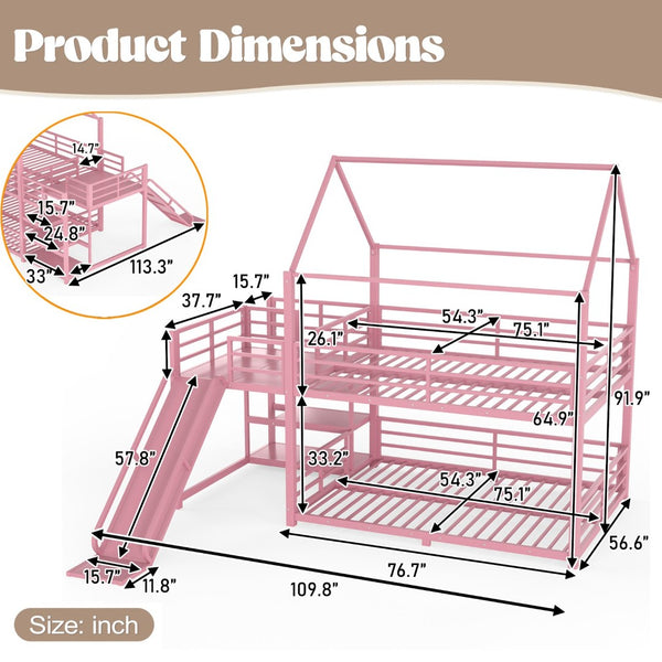 English Elm Full Size Metal Bunk Bed with House Frame Slide and Storage Stair Steps for Kids W1580S00653
