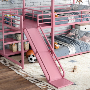 English Elm Full Size Metal Bunk Bed with House Frame Slide and Storage Stair Steps for Kids W1580S00653