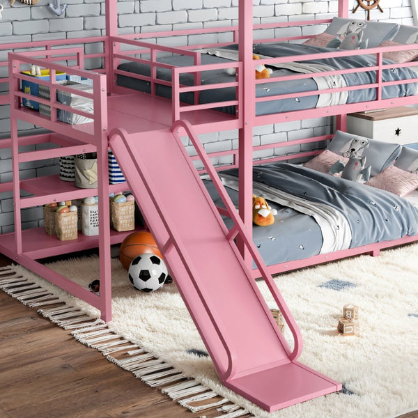 English Elm Full Size Metal Bunk Bed with House Frame Slide and Storage Stair Steps for Kids W1580S00653