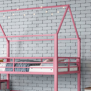 English Elm Full Size Metal Bunk Bed with House Frame Slide and Storage Stair Steps for Kids W1580S00653