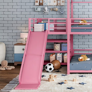 English Elm Full Size Metal Bunk Bed with House Frame Slide and Storage Stair Steps for Kids W1580S00653