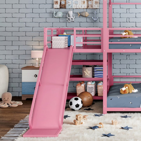 English Elm Full Size Metal Bunk Bed with House Frame Slide and Storage Stair Steps for Kids W1580S00653