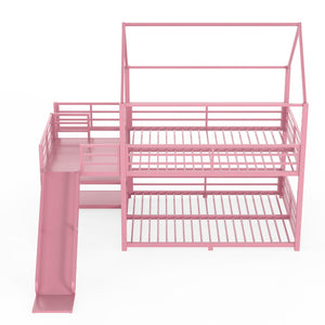 English Elm Full Size Metal Bunk Bed with House Frame Slide and Storage Stair Steps for Kids W1580S00653