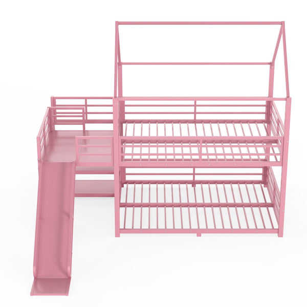 English Elm Full Size Metal Bunk Bed with House Frame Slide and Storage Stair Steps for Kids W1580S00653