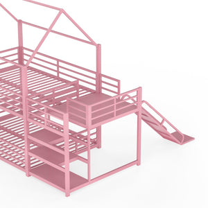 English Elm Full Size Metal Bunk Bed with House Frame Slide and Storage Stair Steps for Kids W1580S00653