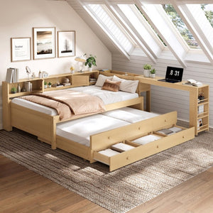 English Elm Twin Daybed with Trundle Desk and Shelves Pine Wood Frame Kids Study Sleep Station W1580S00666