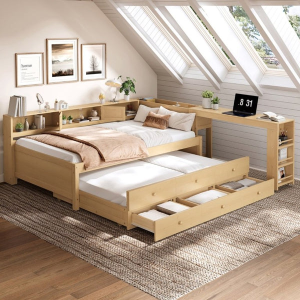 English Elm Twin Daybed with Trundle Desk and Shelves Pine Wood Frame Kids Study Sleep Station W1580S00666