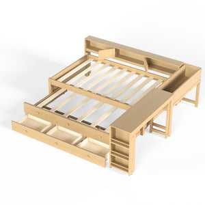 English Elm Twin Daybed with Trundle Desk and Shelves Pine Wood Frame Kids Study Sleep Station W1580S00666