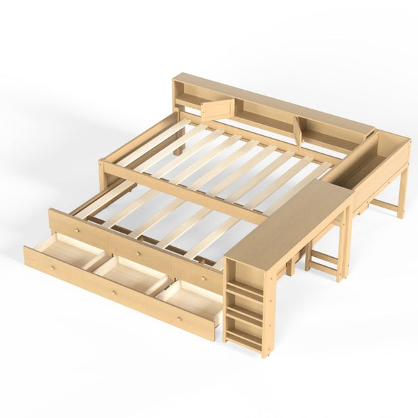 English Elm Twin Daybed with Trundle Desk and Shelves Pine Wood Frame Kids Study Sleep Station W1580S00666