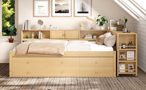 English Elm Twin Daybed with Trundle Desk and Shelves Pine Wood Frame Kids Study Sleep Station W1580S00666