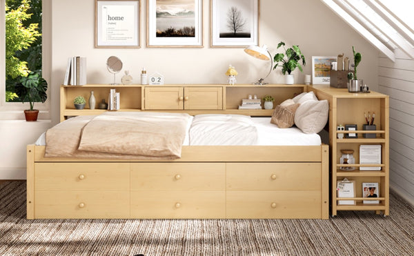 English Elm Twin Daybed with Trundle Desk and Shelves Pine Wood Frame Kids Study Sleep Station W1580S00666