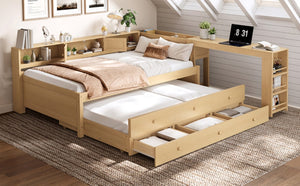 English Elm Twin Daybed with Trundle Desk and Shelves Pine Wood Frame Kids Study Sleep Station W1580S00666