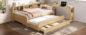English Elm Twin Daybed with Trundle Desk and Shelves Pine Wood Frame Kids Study Sleep Station W1580S00666