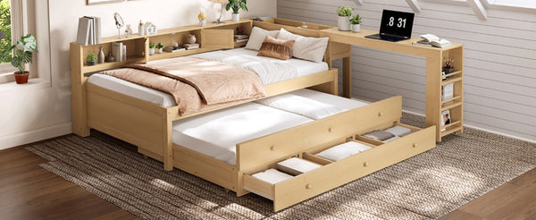 English Elm Twin Daybed with Trundle Desk and Shelves Pine Wood Frame Kids Study Sleep Station W1580S00666