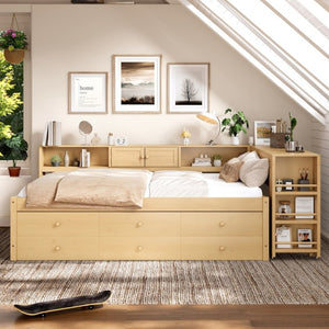 English Elm Twin Daybed with Trundle Desk and Shelves Pine Wood Frame Kids Study Sleep Station W1580S00666