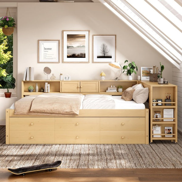 English Elm Twin Daybed with Trundle Desk and Shelves Pine Wood Frame Kids Study Sleep Station W1580S00666