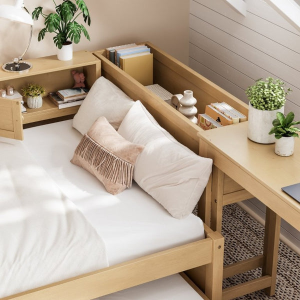 English Elm Twin Daybed with Trundle Desk and Shelves Pine Wood Frame Kids Study Sleep Station W1580S00666
