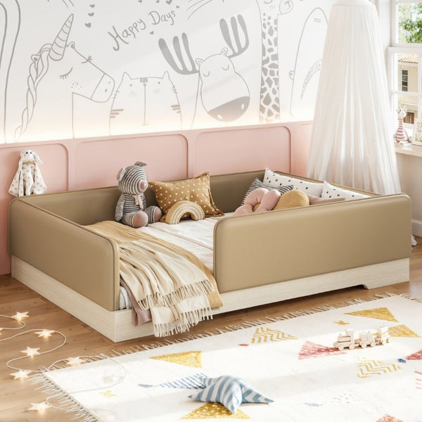 English Elm Full Size Montessori Floor Bed Faux Leather Kids Platform with Removable Guardrails Brown W1580S00670