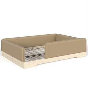 English Elm Full Size Montessori Floor Bed Faux Leather Kids Platform with Removable Guardrails Brown W1580S00670