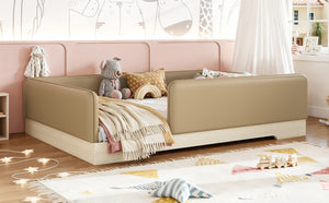 English Elm Full Size Montessori Floor Bed Faux Leather Kids Platform with Removable Guardrails Brown W1580S00670
