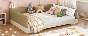 English Elm Full Size Montessori Floor Bed Faux Leather Kids Platform with Removable Guardrails Brown W1580S00670
