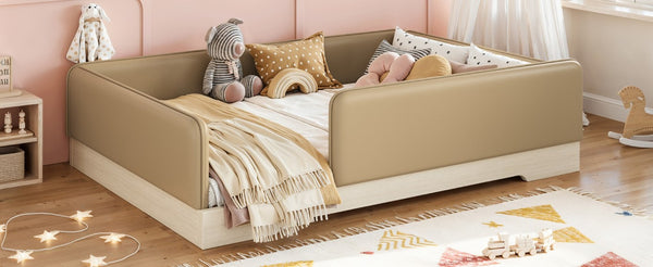 English Elm Full Size Montessori Floor Bed Faux Leather Kids Platform with Removable Guardrails Brown W1580S00670