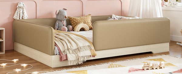 English Elm Full Size Montessori Floor Bed Faux Leather Kids Platform with Removable Guardrails Brown W1580S00670