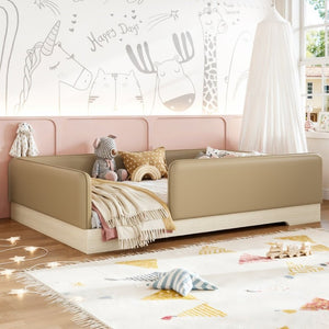 English Elm Full Size Montessori Floor Bed Faux Leather Kids Platform with Removable Guardrails Brown W1580S00670