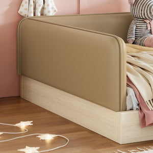 English Elm Full Size Montessori Floor Bed Faux Leather Kids Platform with Removable Guardrails Brown W1580S00670