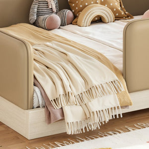 English Elm Full Size Montessori Floor Bed Faux Leather Kids Platform with Removable Guardrails Brown W1580S00670