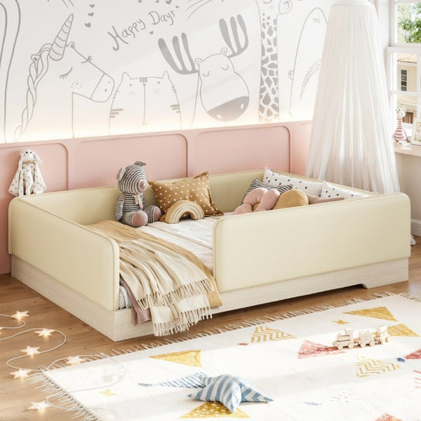 English Elm Full Size Montessori Floor Bed Faux Leather Kids Platform with Removable Guardrails Beige W1580S00671