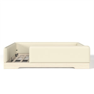 English Elm Full Size Montessori Floor Bed Faux Leather Kids Platform with Removable Guardrails Beige W1580S00671