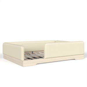 English Elm Full Size Montessori Floor Bed Faux Leather Kids Platform with Removable Guardrails Beige W1580S00671