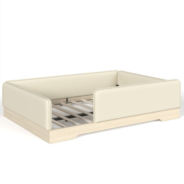 English Elm Full Size Montessori Floor Bed Faux Leather Kids Platform with Removable Guardrails Beige W1580S00671