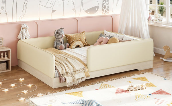 English Elm Full Size Montessori Floor Bed Faux Leather Kids Platform with Removable Guardrails Beige W1580S00671