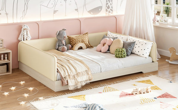 English Elm Full Size Montessori Floor Bed Faux Leather Kids Platform with Removable Guardrails Beige W1580S00671