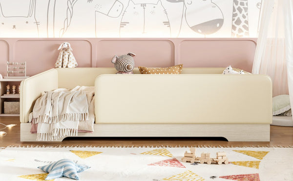 English Elm Full Size Montessori Floor Bed Faux Leather Kids Platform with Removable Guardrails Beige W1580S00671