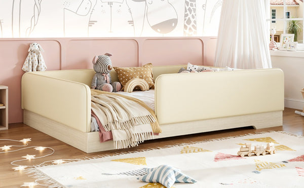 English Elm Full Size Montessori Floor Bed Faux Leather Kids Platform with Removable Guardrails Beige W1580S00671