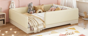 English Elm Full Size Montessori Floor Bed Faux Leather Kids Platform with Removable Guardrails Beige W1580S00671