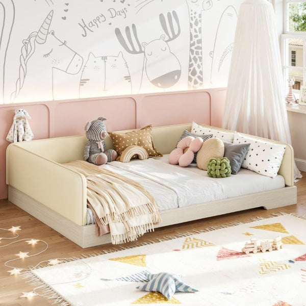 English Elm Full Size Montessori Floor Bed Faux Leather Kids Platform with Removable Guardrails Beige W1580S00671