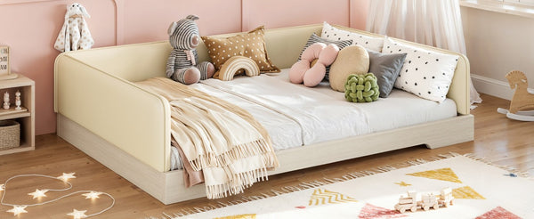 English Elm Full Size Montessori Floor Bed Faux Leather Kids Platform with Removable Guardrails Beige W1580S00671