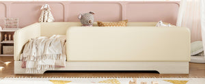 English Elm Full Size Montessori Floor Bed Faux Leather Kids Platform with Removable Guardrails Beige W1580S00671