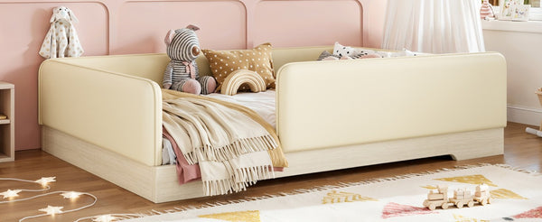English Elm Full Size Montessori Floor Bed Faux Leather Kids Platform with Removable Guardrails Beige W1580S00671
